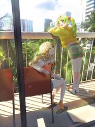  2girls ;d absurdres bad_id bad_twitter_id balcony bare_legs blonde_hair blush building floral_print flower full_body green_hair hair_flower hair_ornament handa_roco highres idolmaster idolmaster_million_live! leaning_forward looking_afar looking_at_viewer multiple_girls oi! on_chair one_eye_closed palm_tree ponytail print_shorts railing shimabara_elena shorts sitting smile sunlight tree 