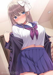  blue_eyes blue_skirt blush bow breasts brown_hair closed_mouth coat cowboy_shot dutch_angle female hair_between_eyes hairbow indoors large_breasts long_hair looking_to_the_side navel neckerchief nekokobushi original pleated_skirt purple_coat purple_neckerchief removing_coat school_uniform serafuku shirt skirt solo sweat white_bow white_shirt 