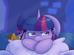  annoyed awake bed ears_down equid equine female feral friendship_is_magic furniture hasbro horn mammal my_little_pony mythological_creature mythological_equine mythology night night_time pillow pivoted_ears plushie saturdaymorningproj solo twilight_sparkle_(mlp) unicorn 