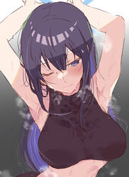  arito_arayuru armpits arms_up bad_id bad_pixiv_id blue_archive blush breasts crop_top curvy female gradient_background halo highres large_breasts long_hair messy_hair midriff one_eye_closed presenting_armpit purple_eyes purple_hair saori_(blue_archive) simple_background sleeveless solo stain stained_clothes steam steaming_body sweat sweaty_clothes upper_body 