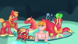  16:9 alicorn alicornification big_macintosh_(eg) big_macintosh_(mlp) earth_pony equid equine friendship_is_magic group hasbro hi_res hooves horn horse human jbond jewelry male mammal mirror_pool my_little_pony my_little_pony:_pony_life mythological_creature mythological_equine mythology nipples nude pony quadruped race_swap raised_hoof regalia spread_wings wet widescreen wings 