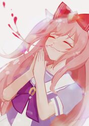  absurdres agnes_digital_(umamusume) animal_ears bad_id bad_pixiv_id blood bow closed_eyes commentary_request female hair_ribbon hairbow highres horse_ears horse_girl long_hair mizuku nosebleed own_hands_clasped own_hands_together pink_hair praying ribbon school_uniform simple_background smile solo sparkle tracen_school_uniform umamusume white_background 