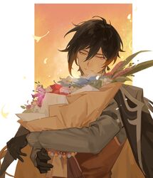  1boy akabane_yu black_gloves bouquet chinese_commentary coat coat_on_shoulders commentary_request earrings flower genshin_impact ginkgo_leaf glaze_lily gloves gradient_hair hair_between_eyes highres holding holding_bouquet jewelry leaf long_hair long_sleeves looking_down male_focus multicolored_hair orange_eyes ponytail qingxin_flower silk_flower_(genshin_impact) single_earring smile solo violetgrass waistcoat zhongli_(genshin_impact) 