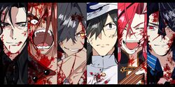  6+boys :d ^_^ black_eyes black_gloves black_hair black_shirt blood blood_in_hair blood_on_clothes blood_on_face blue_shirt closed_eyes collared_shirt column_lineup constricted_pupils cuts fate/grand_order fate_(series) fedora gloves grey_eyes grey_shirt hair_between_eyes hair_over_one_eye hand_on_headwear hat injury jacket long_hair looking_at_viewer male_focus multicolored_hair multiple_boys okada_izou_(fate) okada_izou_(i&#039;m_one_dapping_fella)_(fate) open_mouth parted_bangs pirohi_(pirohi214) portrait red_eyes red_hair sakamoto_ryouma_(fate) serious shirt short_hair smile streaked_hair striped_clothes striped_shirt takasugi_shinsaku_(fate) takechi_zuizan_(fate) tanaka_shinbei_(fate) teeth thick_eyebrows white_gloves white_headwear white_jacket yellow_eyes yoshida_shouin_(fate) 