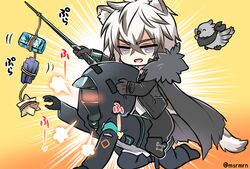  2boys ^_^ all_fours animal animal_ears arknights bad_id bad_pixiv_id bird black_footwear black_jacket black_legwear black_pants blue_eyes blush cape carrot_on_stick closed_eyes commentary_request doctor_(arknights) fur-trimmed_cape fur_trim grey_cape grey_hair hair_between_eyes holding hood hood_up hooded_jacket jacket leopard_boy leopard_ears lungmen_dollar male_focus mashiro_miru multicolored_hair multiple_boys nose_blush open_clothes open_jacket orange_background pants riding shirt shoes silverash_(arknights) sitting sitting_on_person socks tenzin_(arknights) torn_cape torn_clothes twitter_username two-tone_hair white_hair white_shirt 