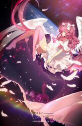  absurdres angel_wings ankle_wings arm_at_side bow chinese_commentary commentary_request curly_hair dress earth_(planet) falling_feathers feathered_wings feathers female film_grain floating from_side full_body glowing hairbow highres kaname_madoka knees_up kong_tiao_bo_zi layered_sleeves long_hair looking_ahead mahou_shoujo_madoka_magica mahou_shoujo_madoka_magica_(anime) open_mouth pink_hair pink_thighhighs planet shoes short_sleeves solo space space_print starry_sky_print thighhighs two-sided_fabric two_side_up ultimate_madoka very_long_hair white_bow white_dress white_footwear wings yellow_eyes 