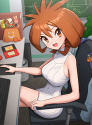  :d absurdres arcade_bunny bare_arms breasts brigette_(pokemon) cameo chair commentary_request computer_keyboard computer_mouse covered_navel dress eshop_bag female fingernails gonzarez hair_between_eyes handheld_game_console happy highres indoors large_breasts looking_at_viewer mousepad_(object) narrow_waist nikki&#039;s_cat nikki&#039;s_panda nikki_(swapnote) nintendo_3ds nintendo_badge_arcade nintendo_eshop office office_chair on_chair open_mouth partial_commentary pink_nails poke_ball poke_ball_(basic) pokemon pokemon_bank short_dress sitting sleeveless sleeveless_dress smile solo swapnote swivel_chair white_dress 