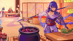  ! !! 2boys 3girls aether_(genshin_impact) afureru_colors ahoge animal armor bad_food basket black_hair blonde_hair blue_flower blurry blurry_foreground braid breasts bridal_gauntlets cape chopping cleavage closed_mouth commentary cooking_pot crossed_arms english_commentary engulfing_lightning_(genshin_impact) faceless fish floral_print flower flying_sweatdrops folding_screen food fruit genshin_impact gloves hair_flower hair_ornament highres holding holding_animal holding_fish holding_polearm holding_weapon indoors jacket japanese_clothes kimono kitchen kujou_sara large_breasts long_hair long_sleeves mask mask_on_head midriff mitsudomoe_(shape) mole mole_under_eye multiple_boys multiple_girls naginata nervous_sweating obi obiage obijime paimon_(genshin_impact) polearm purple_eyes purple_hair purple_nails raiden_shogun ribbon sash seiza short_hair shoulder_armor sitting sliding_doors smile standing steam sweat sweatdrop table tassel thoma_(genshin_impact) tomoe_(symbol) vegetable very_long_hair weapon white_hair wide_sleeves 