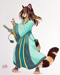  2015 4:5 4_toes anthro banded_linsang barefoot black_hair black_markings brown_hair claws clothing cute_fangs digitigrade feet full-length_portrait hair hi_res holding_object inner_ear_fluff kacey katana linsang long_hair looking_at_viewer male mammal marker_(artwork) markings melee_weapon multicolored_hair pawpads pink_pawpads portrait ring_(marking) ringed_tail robe shaded signature simple_background solo striped_markings striped_tail stripes sword tail tail_markings toes traditional_media_(artwork) tuft two_tone_hair viverrid weapon white_background 