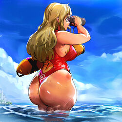  ass back_cutout binoculars blue_sky breasts brown_hair clothing_cutout cloud cloudy_sky competition_swimsuit condom condom_in_clothes condom_wrapper covered_nipples cowboy_shot curvy female from_behind highres holding holding_binoculars huge_ass k-on! keigi kotobuki_tsumugi large_breasts lifeguard long_hair mismatched_eyebrows mole mole_on_ass ocean one-piece_swimsuit plump red_one-piece_swimsuit sky solo standing surfboard swimsuit tan thick_eyebrows wading wet wet_clothes wet_swimsuit whistle 