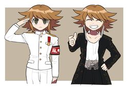  1boy armband bad_id bad_twitter_id black_coat black_pants brown_background brown_hair closed_eyes coat collarbone commentary cosplay cropped_legs danganronpa:_trigger_happy_havoc danganronpa_(series) dragon_ornament facing_viewer fangs flipped_hair fujisaki_chihiro furukawa_(yomawari) gakuran grin hand_on_own_hip highres ishimaru_kiyotaka ishimaru_kiyotaka_(cosplay) jacket looking_at_viewer male_focus medium_hair military military_uniform multiple_views open_clothes open_coat owada_mondo owada_mondo_(cosplay) pants red_armband salute school_uniform shirt sidelocks smile thumbs_up uniform white_background white_jacket white_pants white_shirt 