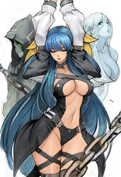  1boy 2girls arms_up asymmetrical_wings belt black_panties black_thighhighs blue_hair blush bondage bondage bound breasts carcass_(artist) center_opening chains choker cleavage closed_eyes collarbone commentary cuffs dizzy_(guilty_gear) green_eyes guilty_gear guilty_gear_x guilty_gear_xx hair_between_eyes hair_ribbon hair_rings korean_commentary large_breasts long_hair long_sleeves midriff monster_girl multiple_girls navel necro_(guilty_gear) panties puffy_long_sleeves puffy_sleeves ribbon simple_background skull stomach thick_thighs thigh_strap thighhighs thighs toned twintails underboob underwear undine_(guilty_gear) white_background wings wrist_cuffs yellow_ribbon 