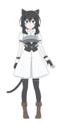  animal_ear_fluff animal_ears armor armored_dress black_gloves black_hair black_tail blue_eyes boots breastplate brown_footwear cat_ears cat_girl cat_tail dress female fingerless_gloves fran_(tensei_shitara_ken_deshita) full_body gloves hair_between_eyes hair_ornament highres jewelry leather leather_boots light_blush looking_at_viewer official_art ring short_sleeves slit_pupils smile solo standing tail tensei_shitara_ken_deshita transparent_background white_dress zettai_ryouiki 