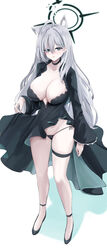  ahoge animal_ear_fluff animal_ears black_dress black_footwear black_panties blue_archive breasts colored_shadow commentary_request dress extra_ears female full_body grey_eyes grey_hair hair_ornament hair_over_one_eye halo hand_up highres large_breasts long_hair long_sleeves looking_at_viewer neneru panties parted_lips shadow shiroko_(blue_archive) shiroko_terror_(blue_archive) shoes side-tie_panties simple_background sleeves_past_wrists solo underwear very_long_hair white_background wide_sleeves wolf_ears 