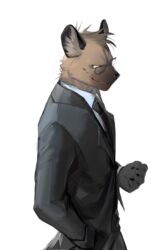  2023 2:3 absurd_res aggretsuko anthro black_clothing brown_body brown_fur clothing costume eyewear fur glasses hi_res hyena jiro_haida_(aggretsuko) looking_at_viewer male mammal necktie sanrio shabi96522 shirt simple_background solo spotted_hyena suit topwear 