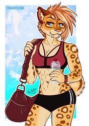  abs anthro athletic athletic_anthro athletic_female blue_eyes bottomwear bra breasts clothing fangs felid feline female hair mammal notched_ear pink_nose pinup pose sabertooth_(anatomy) shorts small_breasts solo sports_bra teeth text toxi_de_vyne_(artist) underwear url 