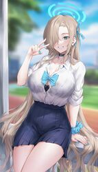  absurdres asuna_(blue_archive) black_bra blue_archive blue_eyes blue_ribbon blue_skirt blush bra bra_peek breasts button_gap choker cleavage collared_shirt commentary dress_shirt female grin hair_over_one_eye hair_ribbon halo highres hua-j large_breasts light_brown_hair long_hair looking_at_viewer pleated_skirt ribbon school_uniform scrunchie shirt skirt sleeves_rolled_up smile solo thighs underwear very_long_hair white_shirt wrist_scrunchie 