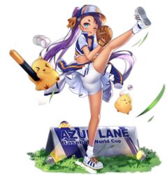  ass azur_lane baseball baseball_cap baseball_mitt bird blue_eyes bluegill_(azur_lane) bluegill_(up-and-coming_infielder)_(azur_lane) blush chick cloud dango_remi dark-skinned_female dark_skin female full_body hat head_bump highres leg_up legs long_hair manjuu_(azur_lane) midriff oerba_yun_fang official_alternate_costume official_art one_eye_closed open_mouth purple_hair ribbon shoes short_eyebrows shorts shorts_under_skirt skirt sky sneakers socks solo standing standing_on_one_leg tan transparent_background white_footwear white_shorts white_skirt white_socks yellow_ribbon 