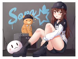  amplifier ankimo_(tokino_sora) black_choker black_footwear black_headwear black_hoodie black_shorts blush boots breasts brown_eyes brown_hair character_name choker crack cracked_wall female graffiti highres hololive hood hoodie lace-trimmed_socks long_hair looking_at_viewer muwa12 nun_nun_(tokino_sora) o-ring o-ring_choker shorts small_breasts smile tokino_sora tokino_sora_(streetwear) tongue tongue_out two-tone_hoodie virtual_youtuber white_hoodie 