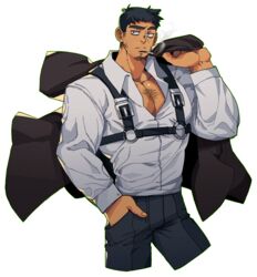  1boy absurdres bags_under_eyes bara chest_belt cigarette cropped_legs dark-skinned_male dark_skin facial_hair highres jacket jacket_over_shoulder jitome large_pectorals looking_to_the_side male_focus mature_male muscular muscular_male navel original pectoral_cleavage pectorals raised_eyebrow short_hair sideburns_stubble smoking solo sparse_chest_hair sparse_stubble stubble thick_eyebrows ttn_(239_239) unworn_jacket veins veiny_arms 