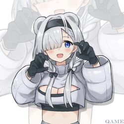  alternate_hairstyle animal_ears arknights aurora_(arknights) bear_ears black_gloves black_hairband blue_eyes breasts claw_pose cleavage cleavage_cutout clothing_cutout commentary_request crop_top cropped_jacket female gloves grey_hair grey_jacket hair_over_one_eye hairband highres jacket jiuyu_qame long_hair long_sleeves low_twintails midriff solo stomach twintails upper_body white_background zoom_layer 