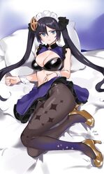  apron bed_sheet bikini black_bikini black_pantyhose blue_eyes breasts cleavage female genshin_impact high_heels highres legs looking_at_viewer lying maid_apron maid_headdress medium_breasts mona_(genshin_impact) oliver_koito on_back on_bed pantyhose pillow purple_hair solo swimsuit twintails 