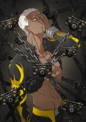  1boy abs black_background black_jacket black_pants black_theme chains cornrows dark_skin emiya_alter fate/grand_order fate_(series) g0ringo gyakuten_saiban hand_on_own_face jacket lock looking_at_viewer male_focus muscular muscular_male pants parody psyche-lock solo upper_body white_hair yellow_eyes 