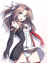  547th_sy alternate_costume asymmetrical_gloves black_gloves breasts character_name commentary_request cosplay cowboy_shot dress female gloves hair_intakes hair_ribbon highres kantai_collection looking_at_viewer mismatched_gloves multicolored_clothes multicolored_dress panties ponytail race_queen ranger_(kancolle) ranger_(kancolle)_(cosplay) ranger_(race_queen_mode)_(kancolle) red_gloves red_thighhighs ribbon short_dress simple_background small_breasts smile solo thighhighs underwear white_background white_panties white_ribbon zuihou_(kancolle) 