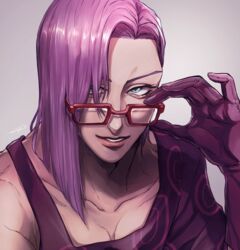  1boy bare_shoulders collarbone formal glasses gloves green_eyes hair_over_one_eye highres jojo_no_kimyou_na_bouken long_hair long_sleeves looking_at_viewer male_focus melone purple_hair purple_suit sano_(hospital_0434) solo suit vento_aureo 