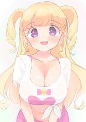  :d alternate_breast_size blonde_hair blush breasts breasts_squeezed_together cleavage collarbone commentary_request female highres hyakumangoku_masurao idol_time_pripara large_breasts long_hair looking_at_viewer midriff navel open_mouth pretty_series pripara purple_eyes shirt short_sleeves smile solo split_mouth star_(symbol) star_in_eye symbol_in_eye tied_shirt two_side_up white_shirt yumekawa_yui 