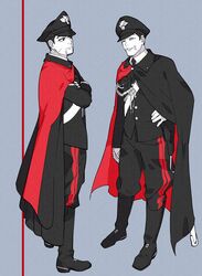  2boys black_cape black_eyes black_flower black_hair black_headwear black_jacket black_necktie black_pants boots cape carabinieri closed_eyes closed_mouth collar collared_shirt commentary_request crossed_arms facial_hair flower from_side full_body golden_kamuy grey_background hand_on_own_hip hat highres holster jacket long_sleeves looking_at_another male_focus military military_hat military_uniform mole mole_on_cheek multiple_boys necktie ogata_hyakunosuke pants parted_lips pocket red_cape sayasaka scar scar_on_cheek scar_on_face sheath shirt short_hair simple_background smile standing two-tone_cape uniform usami_tokishige white_shirt 