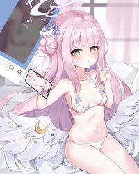  2drr :o bare_arms bare_shoulders bed bikini blue_archive blush breasts cellphone cellphone_photo collarbone commentary crescent curtains day feathered_wings female flower hair_bun hair_flower hair_ornament halo highres holding holding_phone indoors long_hair low_wings mika_(blue_archive) navel paid_reward_available parted_lips phone pillow pink_hair purple_flower sexting single_side_bun small_breasts solo sunlight swimsuit transparent very_long_hair white_bikini white_wings window wings 