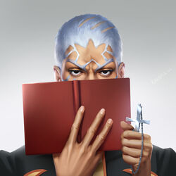  1boy artist_name book book_on_head cassock cross dark_skin enrico_pucci jojo_no_kimyou_na_bouken looking_at_viewer male_focus object_on_head rakavka solo white_background white_hair 