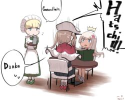  3girls alternate_costume blonde_hair blue_eyes blunt_bangs capelet chair commentary_request country_connection dress enmaided flower german_text graf_zeppelin_(kancolle) green_dress hair_flower hair_ornament hat highres hitokoe kantai_collection long_hair maid maid_headdress military military_uniform multiple_girls peaked_cap ro-500_(kancolle) shin&#039;you_(kancolle) shin&#039;you_(maid)_(kancolle) sidelocks sitting sneezing speech_bubble surprised table tan translated twintails uniform 