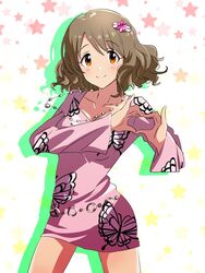  animal_print breasts brown_eyes brown_hair butterfly_print cleavage closed_mouth collarbone dress female hair_ornament heart heart_hands idolmaster idolmaster_cinderella_girls idolmaster_cinderella_girls_starlight_stage jewelry long_hair long_sleeves looking_at_viewer medium_breasts nanananananasea necklace pink_dress short_hair smile solo standing starry_background tsukimiya_miyabi 