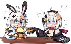  2girls :d @_@ animal_ears bailingxiao_jiu bare_shoulders beer_mug bell bikini bikini_top_only black_bikini black_bow black_kimono blue_bow blue_eyes blue_ribbon blush bow braid carrot commentary cup drooling foam glasses hair_ornament hair_ribbon hairbow holding holding_cup horns japanese_clothes jingle_bell kimono mouth_drool mug multiple_girls nose_blush oerba_yun_fang off_shoulder oni oni_horns open_clothes open_kimono open_mouth original rabbit_ears rabbit_hair_ornament red-framed_eyewear ribbon short_hair simple_background smile swimsuit symbol-only_commentary white_background white_hair 