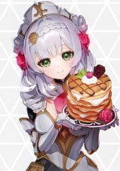  armor armored_dress breasts cleavage eyelashes female flower food fruit galibo gauntlets genshin_impact green_eyes hair_flower hair_ornament highres holding holding_food holding_plate large_breasts lighter-than-air_pancake_(genshin_impact) looking_at_viewer maid maid_headdress neckerchief noelle_(genshin_impact) pancake pancake_stack plate rose simple_background smile solo strawberry sugar_(food) whipped_cream white_hair 