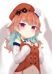  aged_down aqua_hair bare_shoulders beret black_bow blunt_bangs bow choker closed_mouth collarbone commentary detached_sleeves dress female gradient_hair green_bow green_choker green_neckwear hat highres hololive hololive_english long_hair looking_at_viewer maka_neko midriff mini_hat multicolored_hair navel orange_dress orange_hair orange_hat puffy_sleeves purple_eyes scared shadow simple_background solo star_(symbol) star_print suspenders takanashi_kiara takanashi_kiara_(1st_costume) trembling upper_body virtual_youtuber wall watson_amelia wavy_mouth white_background white_hat white_sleeves 