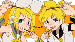  1boy aqua_eyes arm_warmers bare_shoulders biting black_sailor_collar blonde_hair blurry blurry_foreground bow commentary eating female food grey_sailor_collar grey_sleeves hair_ornament hairbow hairclip hands_up headphones headset holding holding_food holding_pocky kagamine_len kagamine_rin leaning_forward looking_at_viewer mutual_feeding neckerchief necktie open_mouth pocky pocky_day sailor_collar satou_asuka school_uniform shirt short_hair short_ponytail short_sleeves smile spiked_hair swept_bangs upper_body vocaloid white_bow white_shirt yellow_neckerchief yellow_necktie 