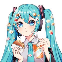  39 absurdres apple aqua_eyes aqua_hair aqua_nails aqua_necktie bare_shoulders black_sleeves boned_meat bread burger candy cup detached_sleeves disposable_cup doughnut drinking_straw eating egg female food french_fries fruit grey_shirt hair_ornament hatsune_miku headphones headset highres holding holding_cup holding_food long_hair looking_at_viewer masumofu meat melon_bread nail_polish necktie onigiri pudding shirt sleeveless sleeveless_shirt solo star_(symbol) sticker sushi tie_clip twintails upper_body vocaloid white_background 