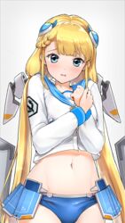  absurdres blonde_hair blue_eyes blush braid buruma crop_top cropped_shirt female highres last_origin long_hair midriff namamo_(kura) navel open_mouth sailor_collar simple_background single_braid solo tears twintails undine_(last_origin) white_background 