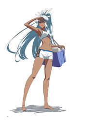  armpits bare_shoulders barefoot bikini bikini_shorts blue_eyes blue_hair breasts cooler dark-skinned_female dark_skin female full_body hair_ornament kageyasu long_hair navel open_mouth perun_(xenoblade) ponytail shorts simple_background solo standing stomach swimsuit very_long_hair white_background white_bikini xenoblade_chronicles_(series) xenoblade_chronicles_2 