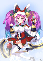  :&lt; basukechi belt blue_hair capelet cleo_(dragalia_lost) dagger dragalia_lost female fur_trim hat hat_bell highres holding holding_dagger holding_knife holding_weapon knife long_hair long_sleeves looking_at_viewer multicolored_hair navel official_alternate_costume pink_eyes pink_hair red_hat santa_hat skirt snowflakes solo thighhighs twintails two-tone_hair weapon white_skirt white_thighhighs 