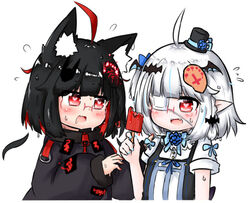  2girls ahoge animal_ear_fluff animal_ears bailingxiao_jiu bat_hair_ornament black_dress black_hair black_headwear black_jacket blue_bow blue_flower blue_rose blush bow braid commentary dress dress_shirt eyepatch flower flying_sweatdrops fox_ears fox_hair_ornament hair_ornament hairbow hat hat_flower heart heart-shaped_pupils jacket long_sleeves medical_eyepatch mini_hat mini_top_hat multicolored_hair multiple_girls one_side_up original pointy_ears puffy_long_sleeves puffy_sleeves red_eyes red_hair rose shirt short_hair short_sleeves simple_background sleeveless sleeveless_dress sleeves_past_wrists streaked_hair sweat symbol-only_commentary symbol-shaped_pupils top_hat upper_body white_background white_hair white_shirt 