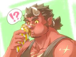  !? 1boy bara black_tank_top blush broken_horn brown_hair cheek_bulge chest_hair colored_sclera colored_skin crepe cross_scar demon_boy eating facial_hair food goatee horns katoributa_a long_sideburns male_focus mature_male monster_boy muscular muscular_male oerba_yun_fang oni_horns orgus_(f-kare) pectoral_cleavage pectorals red_skin scar scar_on_arm scar_on_chest scar_on_face scar_on_nose short_hair shoukan_yuusha_to_f-kei_kareshi sideburns sidepec solo spoken_interrobang stubble tank_top thick_eyebrows tied_hair tusks upper_body yellow_sclera 