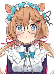  animal_ears blue_eyes blush brown_hair choco_tanuki eli_conifer eli_conifer_(1st_costume) female glasses highres looking_at_viewer low_twintails nijisanji parted_lips simple_background solo twintails upper_body virtual_youtuber white_background 