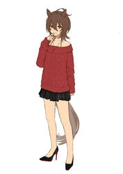  agnes_tachyon_(umamusume) ahoge alternate_costume animal_ears black_footwear black_skirt brown_eyes brown_hair commentary_request female full_body high_heels horse_ears horse_girl horse_tail jewelry long_sleeves medium_hair nazuka_(mikkamisaki) necklace red_sweater simple_background skirt solo standing sweater tail umamusume white_background 