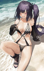  ;) absurdres architect_(girls&#039;_frontline) architect_(nvw_model)_(girls&#039;_frontline) arm_support asymmetrical_gloves beach black_footwear black_gloves black_hair black_one-piece_swimsuit breasts casual_one-piece_swimsuit cleavage commentary day elbow_gloves female fingerless_gloves girls&#039;_frontline gloves grin halterneck highres knee_up large_breasts long_hair looking_at_viewer nail_polish navel o-ring o-ring_swimsuit official_alternate_costume one-piece_swimsuit one_eye_closed one_side_up outdoors partially_fingerless_gloves pink_eyes pink_nails sangvis_ferri sitting smile solo stomach striped_clothes swimsuit toenail_polish toenails tunamayo_(dsasd751) very_long_hair water 