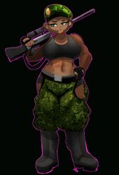  abs athletic belly beret big_breasts black_background bloons_tower_defense blue_eyes blush boots bottomwear breasts camo camo_bottomwear camo_clothing camo_pants camo_print clothed_female clothing crop_top cropped_tank_top cropped_topwear dexie93 female footwear gun haplorhine hat headgear headwear hi_res mammal markings midriff mole_(marking) monkey muscular muscular_female navel ninja_kiwi pants pattern_bottomwear pattern_clothing pattern_pants pose primate ranged_weapon rifle shirt simple_background sleeveless sleeveless_shirt sniper sniper_monkey_(bloons) sniper_rifle solo standing tank_top tomboy topwear weapon wide_hips 