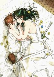  1boy age_difference animal_ears bare_arms bare_shoulders barefoot bed_sheet breasts brown_hair commentary dress eye_contact female flower green_eyes green_hair hand_on_another&#039;s_cheek hand_on_another&#039;s_face holding_hands large_breasts long_hair looking_at_another lying noah_(onna_kishi_to_kemonomimi_no_ko) olivia_(onna_kishi_to_kemonomimi_no_ko) on_side onee-shota onna_kishi_to_kemonomimi_no_ko sheath sheathed straight sword tail turbo_engine_(rakugaki_tabo) weapon white_dress wooden_floor yellow_eyes 